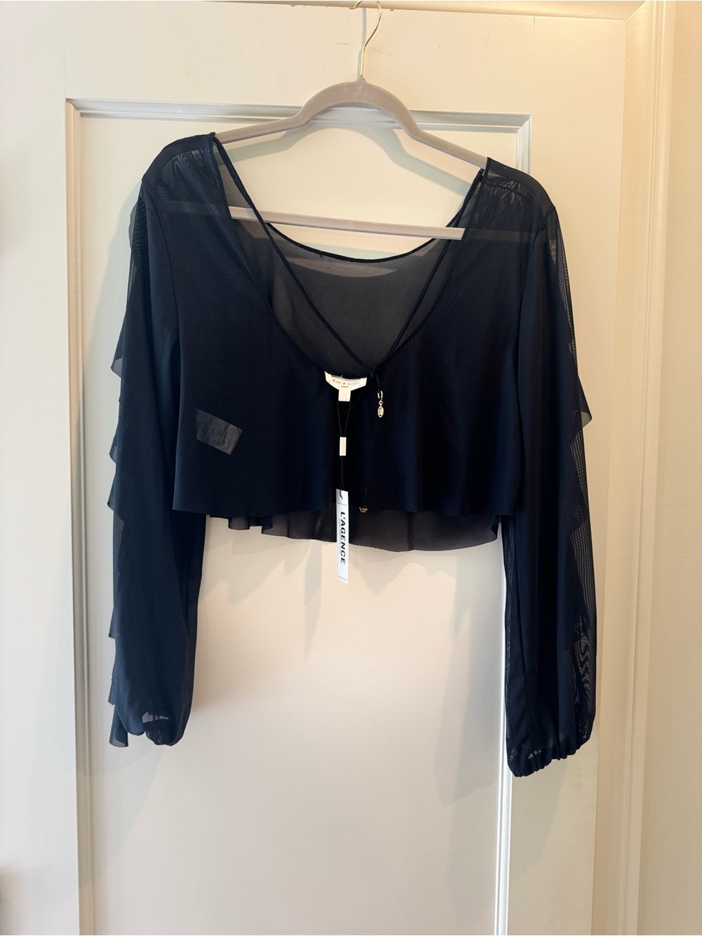 L'AGENCE Black Sheer Ruffle Crop Top with Ruched Maxi Skirt - Picture 3 of 11
